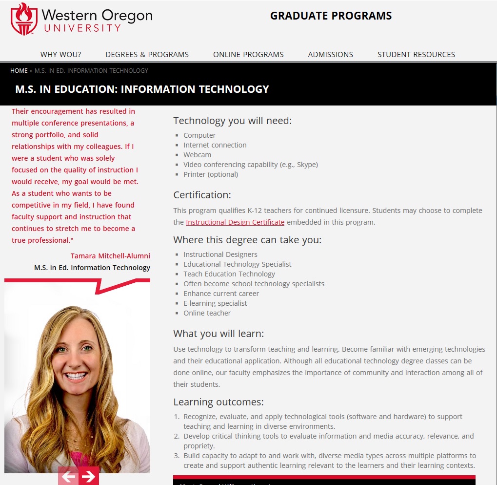 Screen clipping of Tamara Mitchell on Western Oregon University MSEd Info Tech home page. She highly recommends the faculty, staff, and curriculum supporting the program.